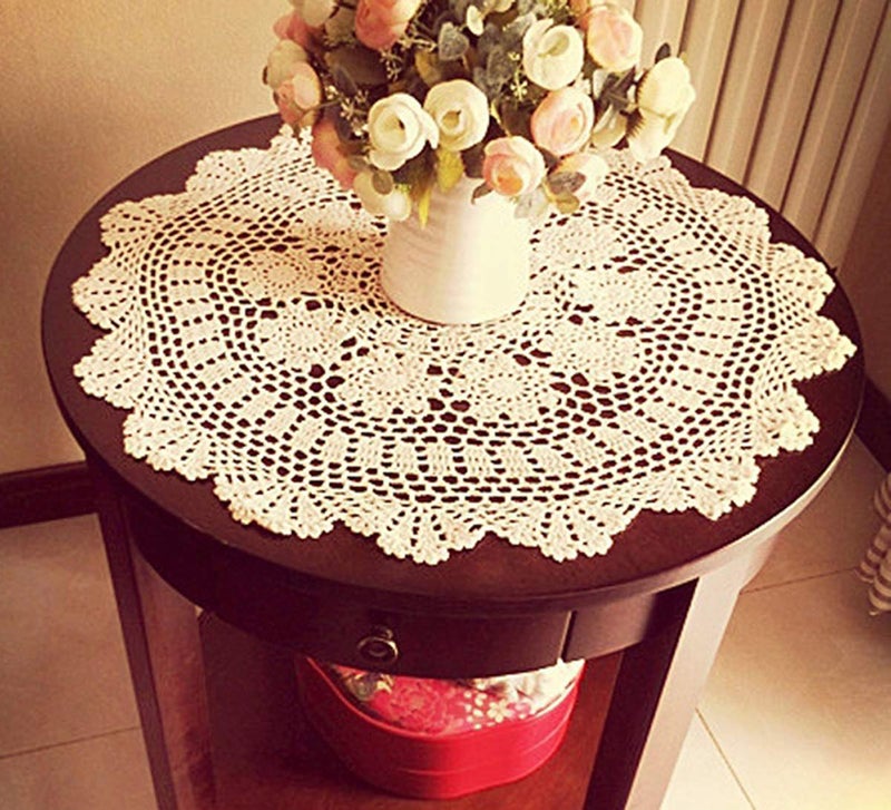 Damanni Beige Cotton Handmade Crochet Lace Tablecloth Doilies Table Overlay,Round,23 Inch,2PC - Image 3